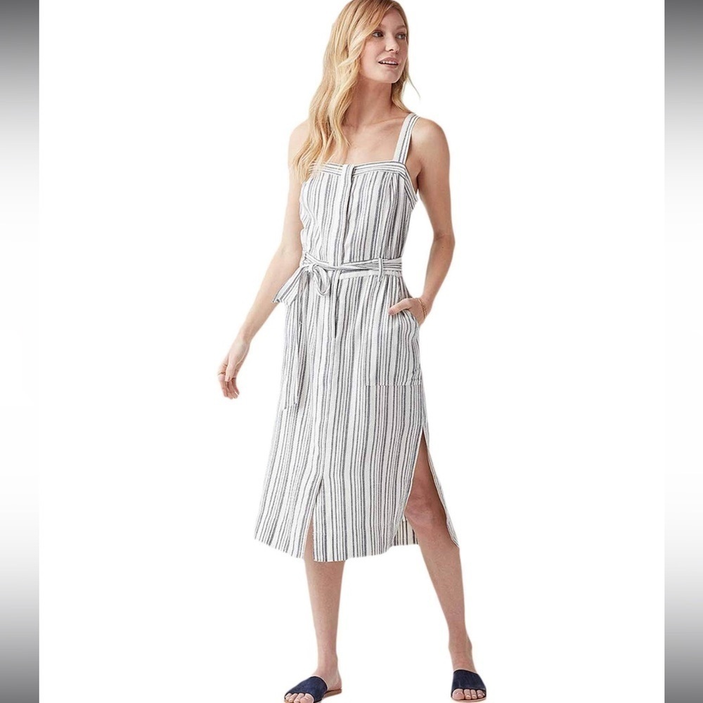 Splendid Bourne Slit Linen Cotton Blend White Blue Striped Dress Sz M
